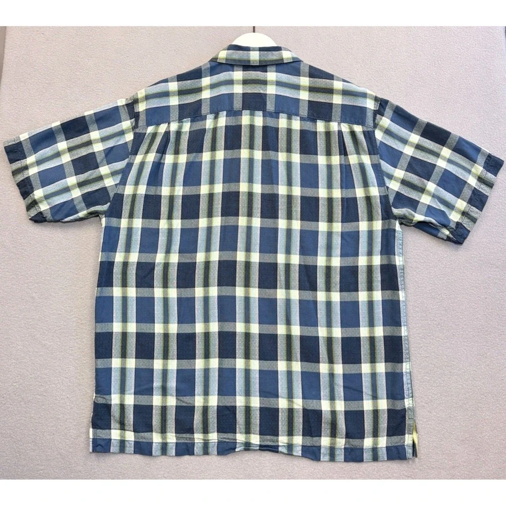 TOMMY BAHAMA Dazed and Diffused Camp Shirt Mens Medium Blue Plaid 100% Silk